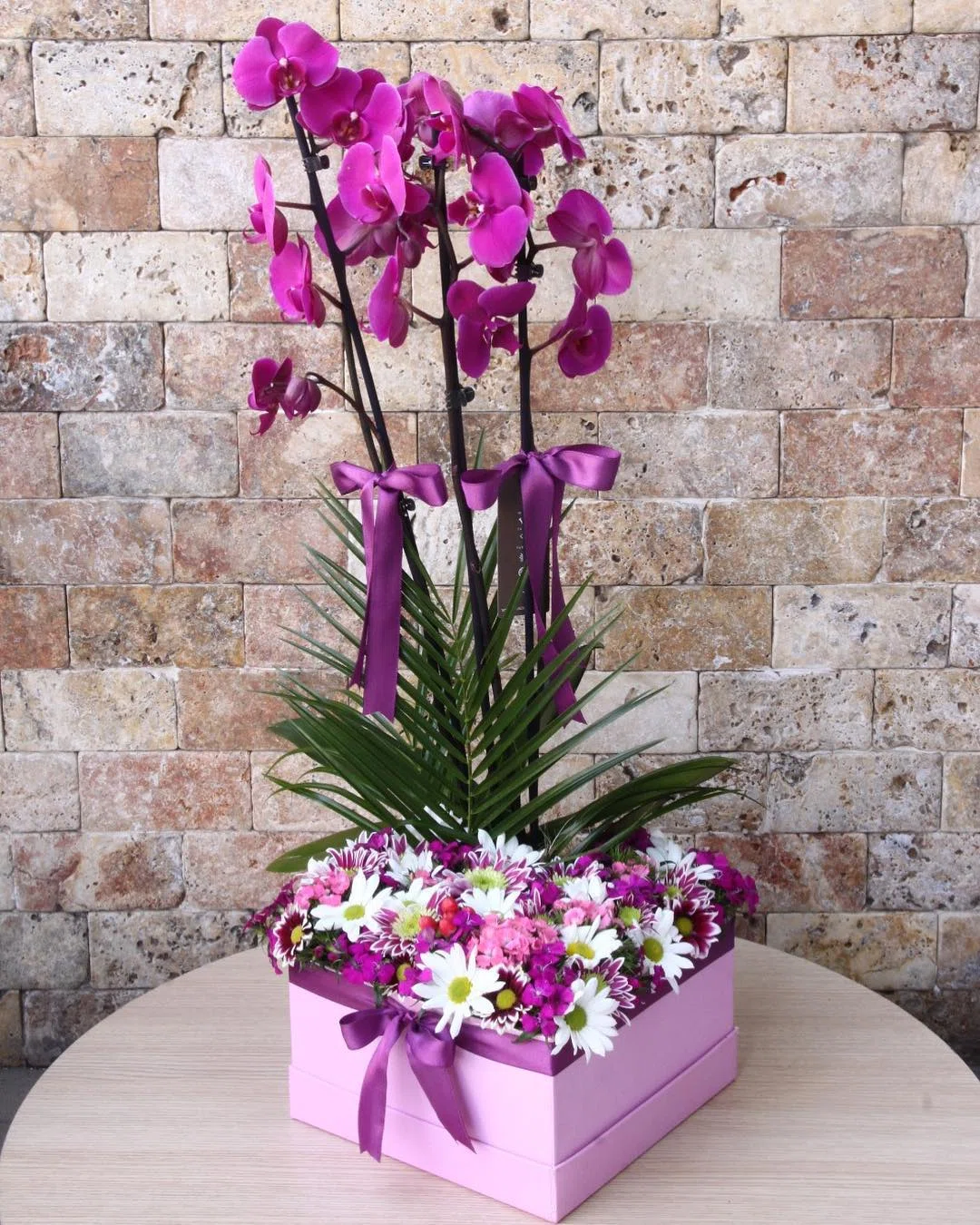 Mor Bahar Phalaenopsis Orkide ve Papatya Aranjmanı